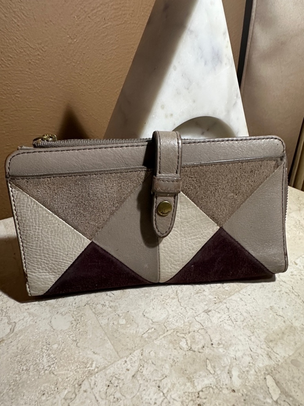 Fossil Tri-Panel Geometric Leather Wallet - Taupe, Cream & Plum